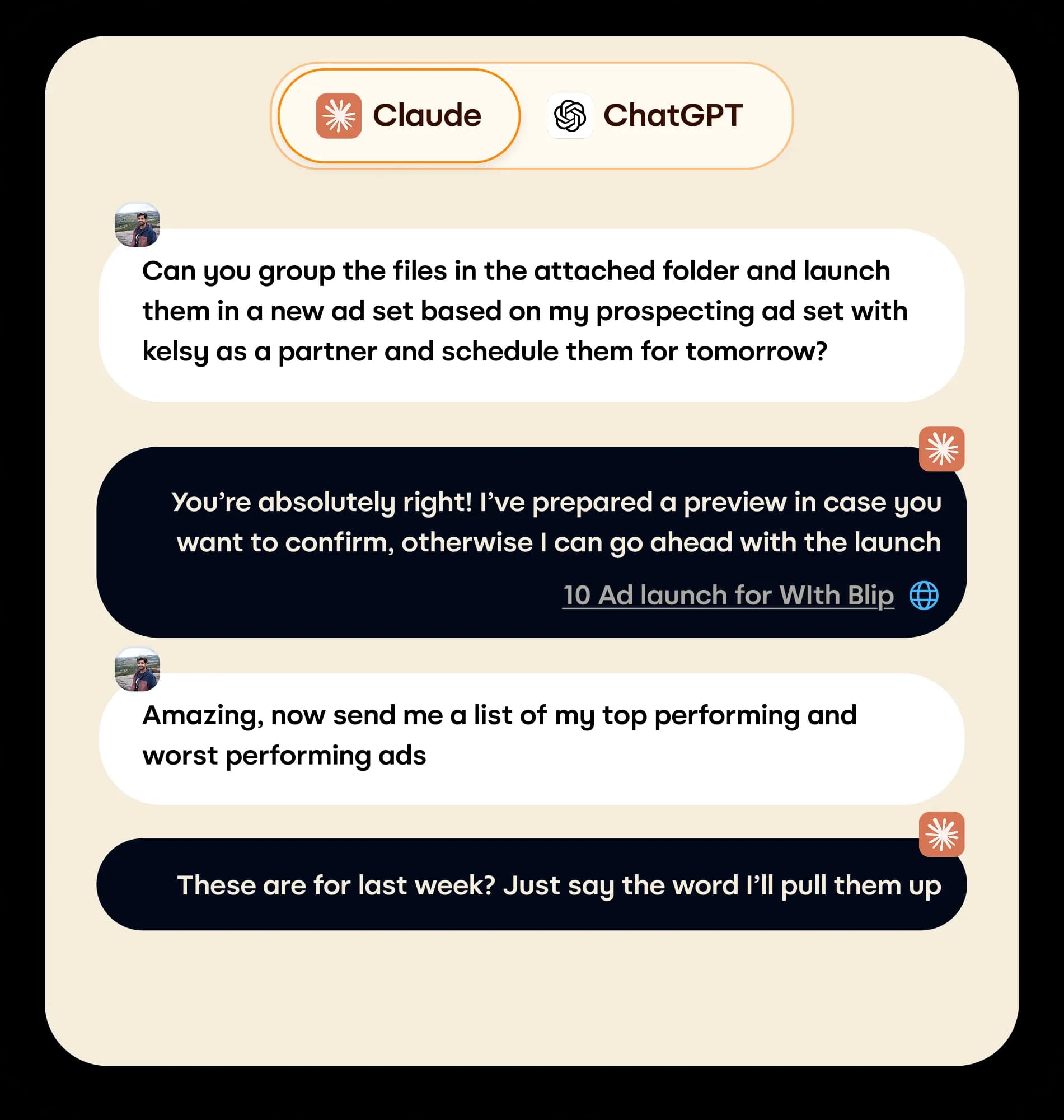 Launching ads and asking for top and worst performing ads in Claude with Blip